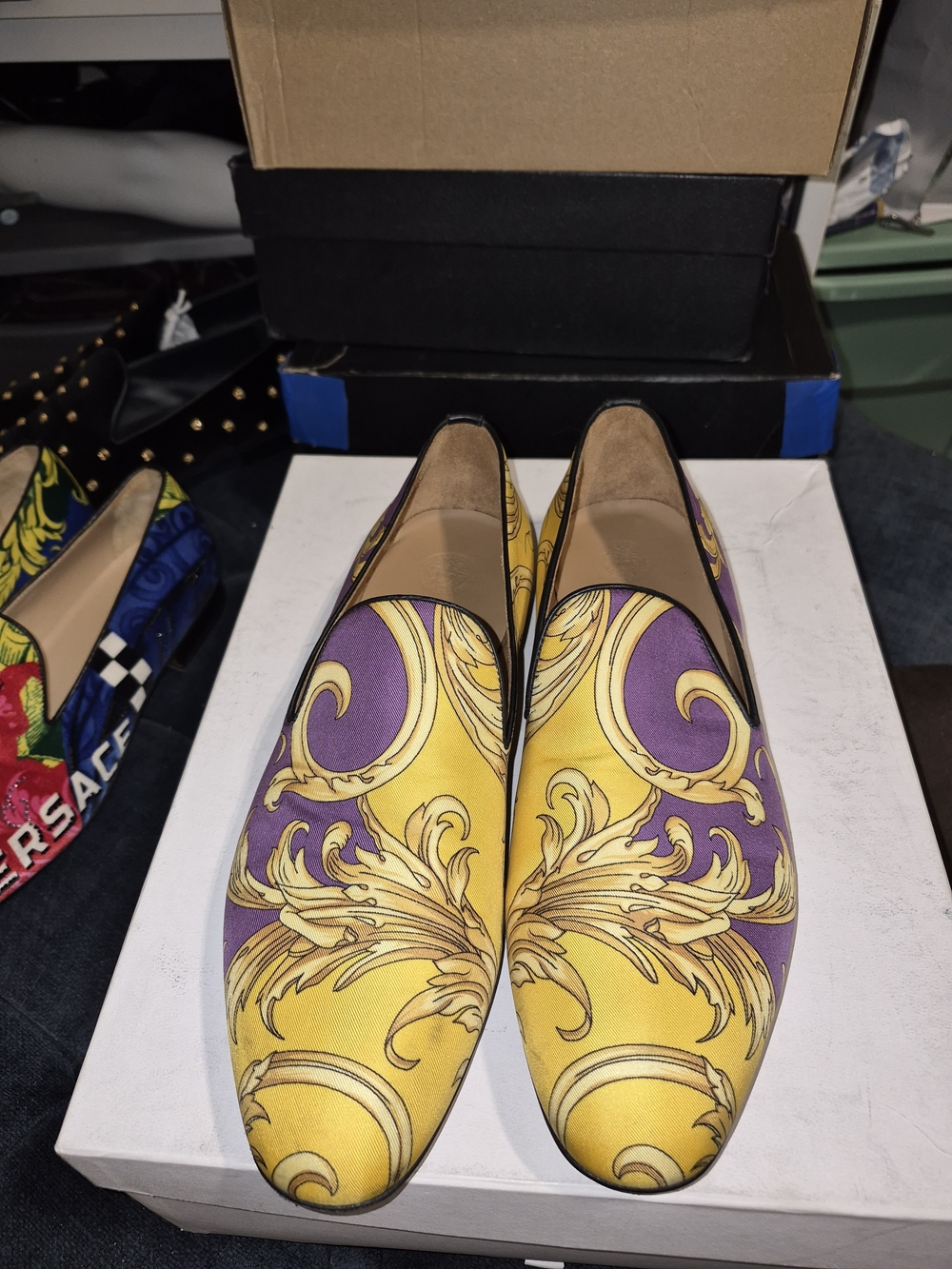 Versace- Barroco Inspired Men’s Yellow & Purple Slip-On Loafers